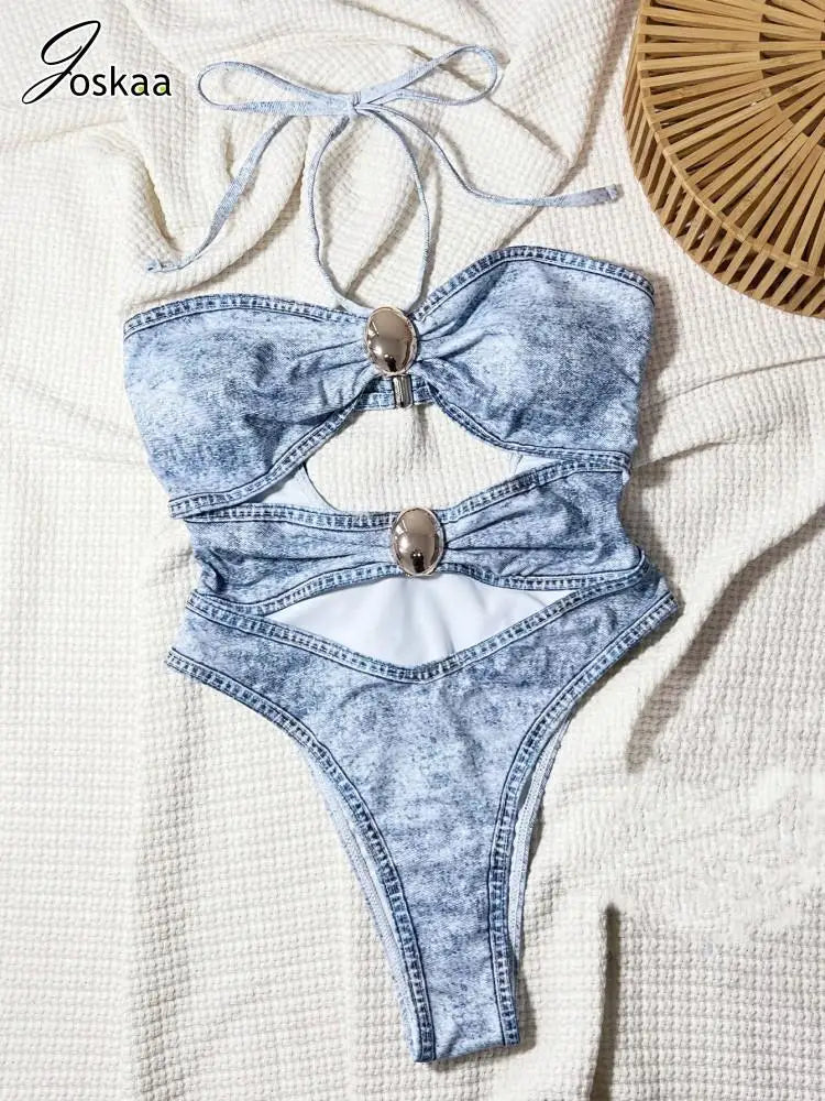Women's Denim Backless Cutout Bikini Set Denim Print – Back View