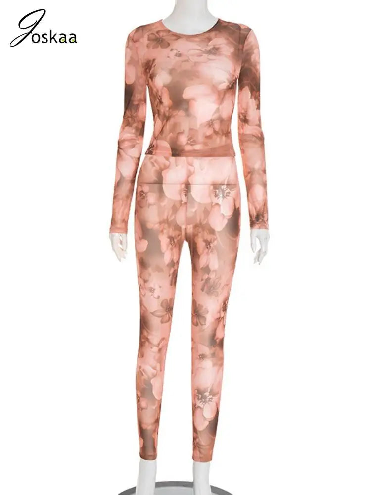 Women's Floral Print Mesh Long Sleeve Two Piece Set Brown – Back View