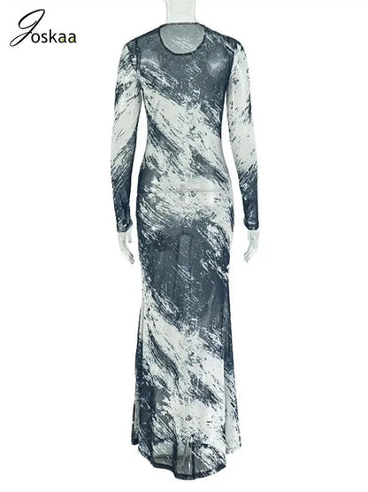 Women's Mesh Long Sleeve Bodycon Maxi Dress Black Gray – Detail View