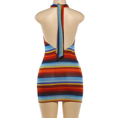 Women's Striped Ribbed Knit Halter Sleeveless Mini Dress - Detail View