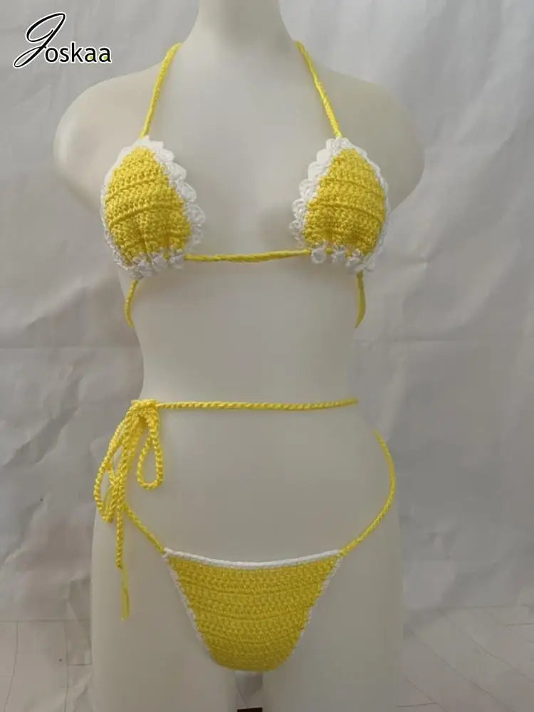 Women's Knit Ribbed Swimwear Crochet Bikini Set Yellow White – Back View