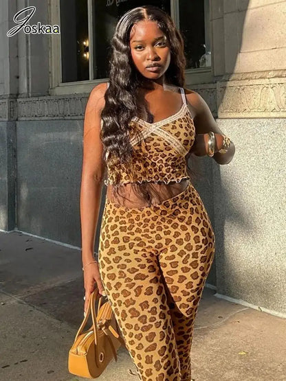 Women's Leopard Print Lace Crop Two Piece Set Leopard Print – Front View