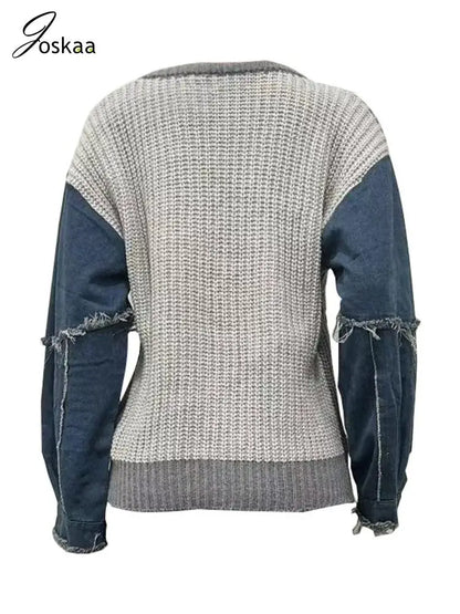 Women's Denim Knit Long Sleeve Ribbed Top Gray – Detail View