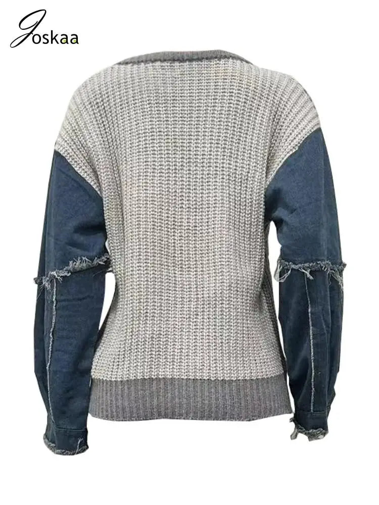 Women's Denim Knit Long Sleeve Ribbed Top Gray – Detail View