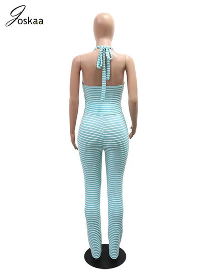 Women's Stripe Cutout Halter Two Piece Set Black – Detail View