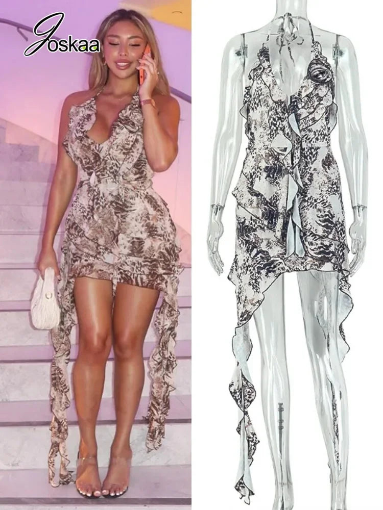 Women's Leopard Print Backless V-neck Halter Mini Dress - Front View