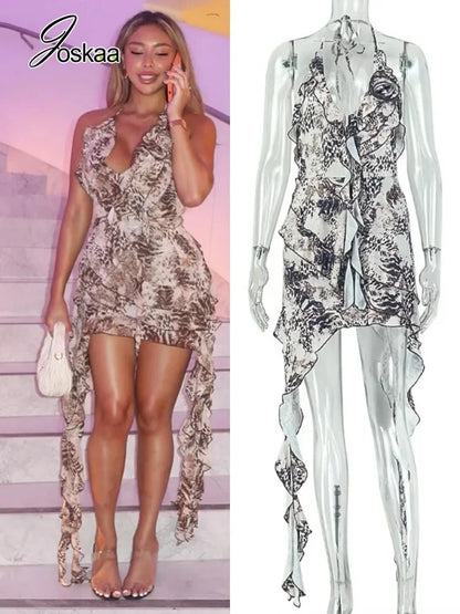 Women's Leopard Print Backless V-neck Halter Mini Dress - Front View