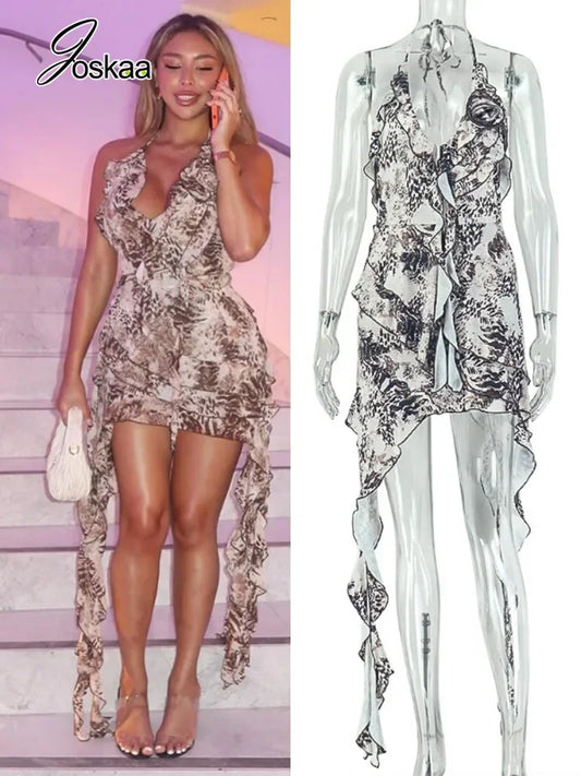 Women's Leopard Print Backless V-neck Halter Mini Dress - Front View