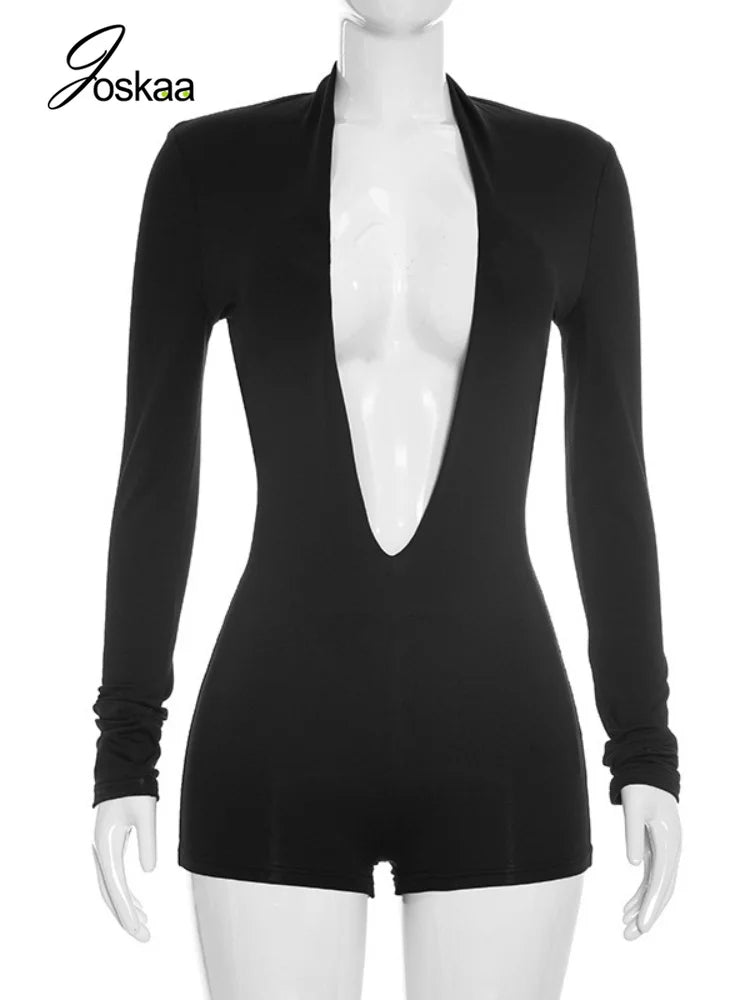 Women's V-neck Long Sleeve Bodycon Romper - Back View