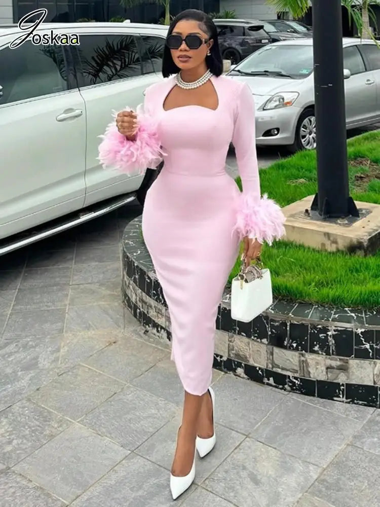 Women's Long Sleeve Elegant Solid Square Bodycon Dress Pink – Front View