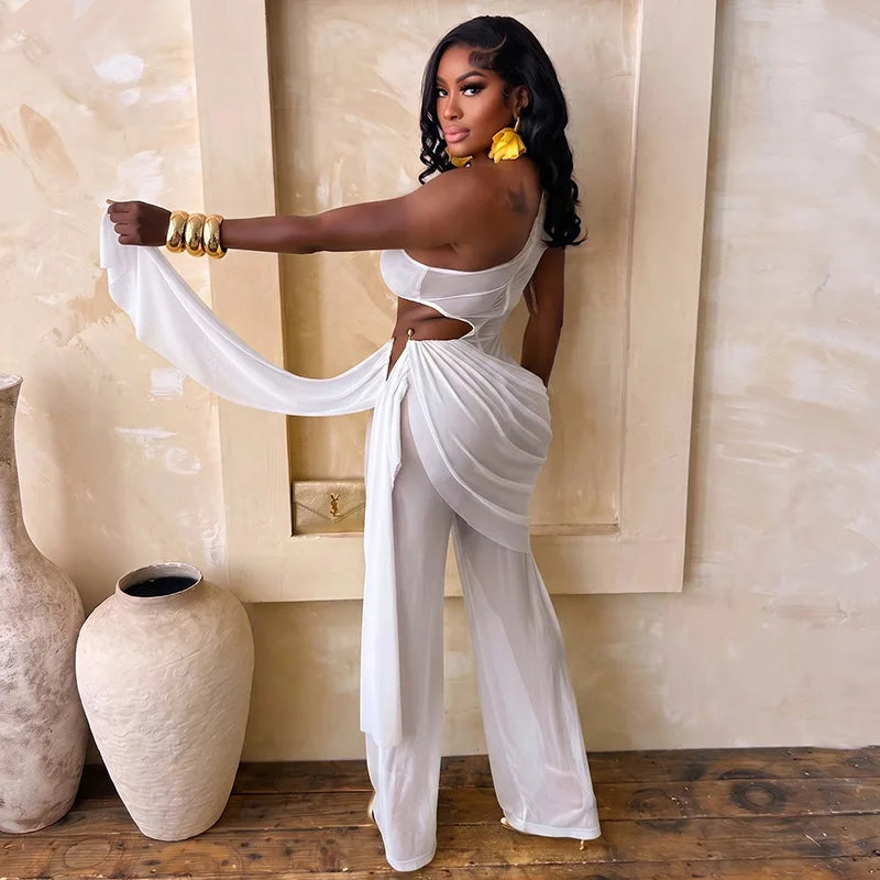 Women's Mesh Ruched Cutout One Shoulder Romper - Detail View 7