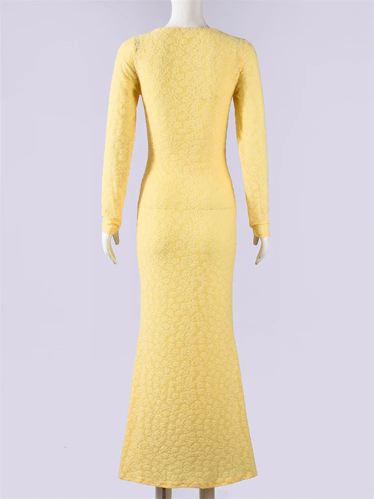 Joskaa Long Sleeve Bodycon Dress Elegant Jacquard Yellow - bodycon dress image 4