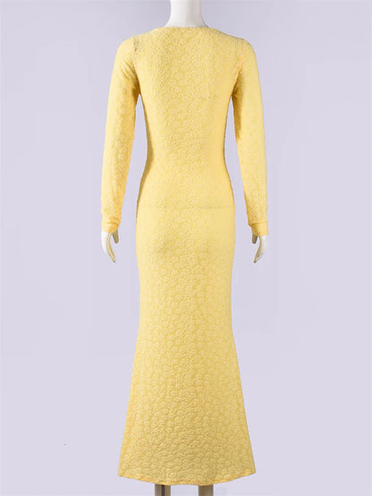 Joskaa Long Sleeve Bodycon Dress Elegant Jacquard Yellow - bodycon dress image 4