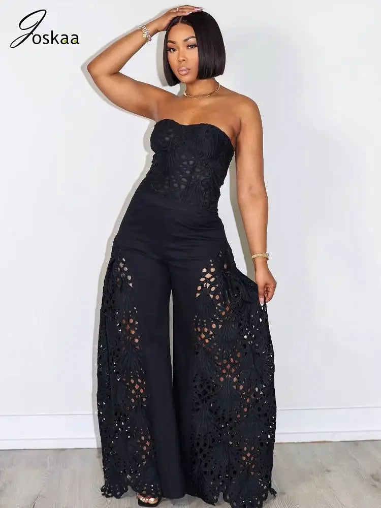 Women's Lace Strapless Flare Two Piece Set Black – Side View