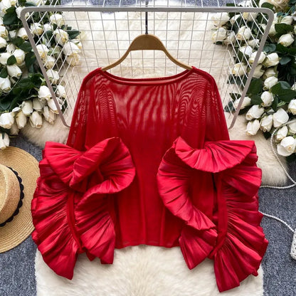 Women's Mesh Long Sleeve Luxury Blouse Ruffles Top