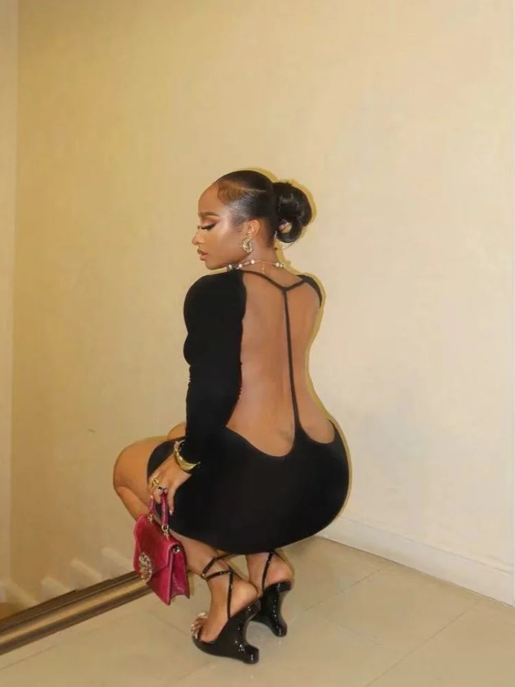 Women's Backless Cutout Long Sleeve Mini Dress Black – Side View