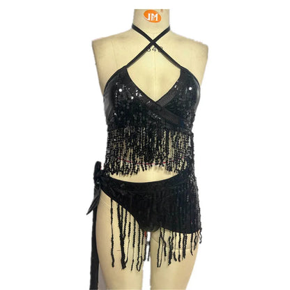 Women's Sequin Halter Swimwear Shiny Tassel Bikini Set