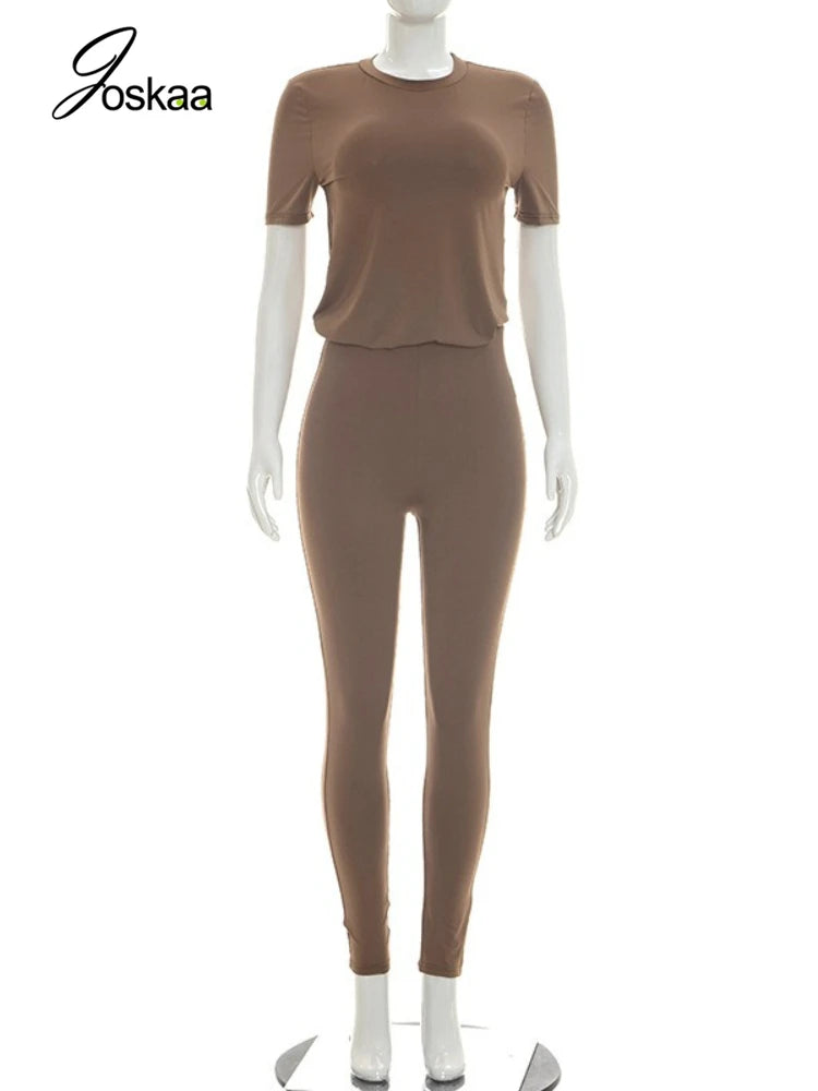 Women's Short Sleeve Solid Round Neck Two Piece Set Wine Red – Back View