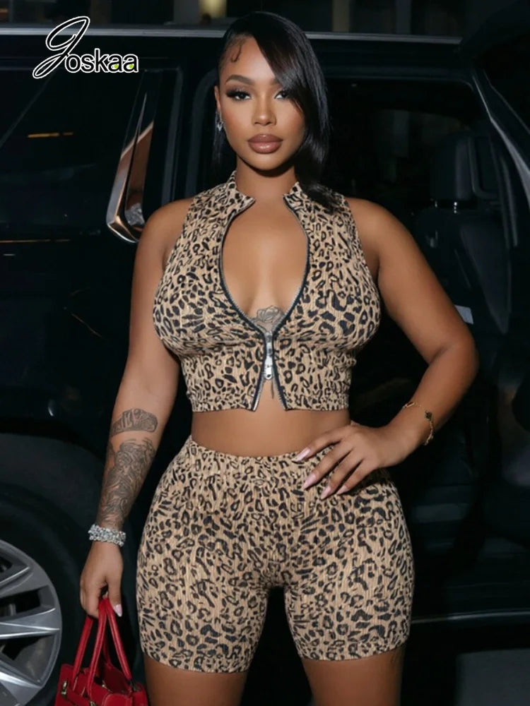 Women's Leopard Print Zip Up High Waist Two Piece Set - Side View