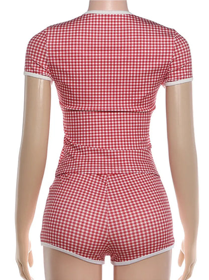 Women's Short Sleeve Crop Plaid Two Piece Set Red – Detail View