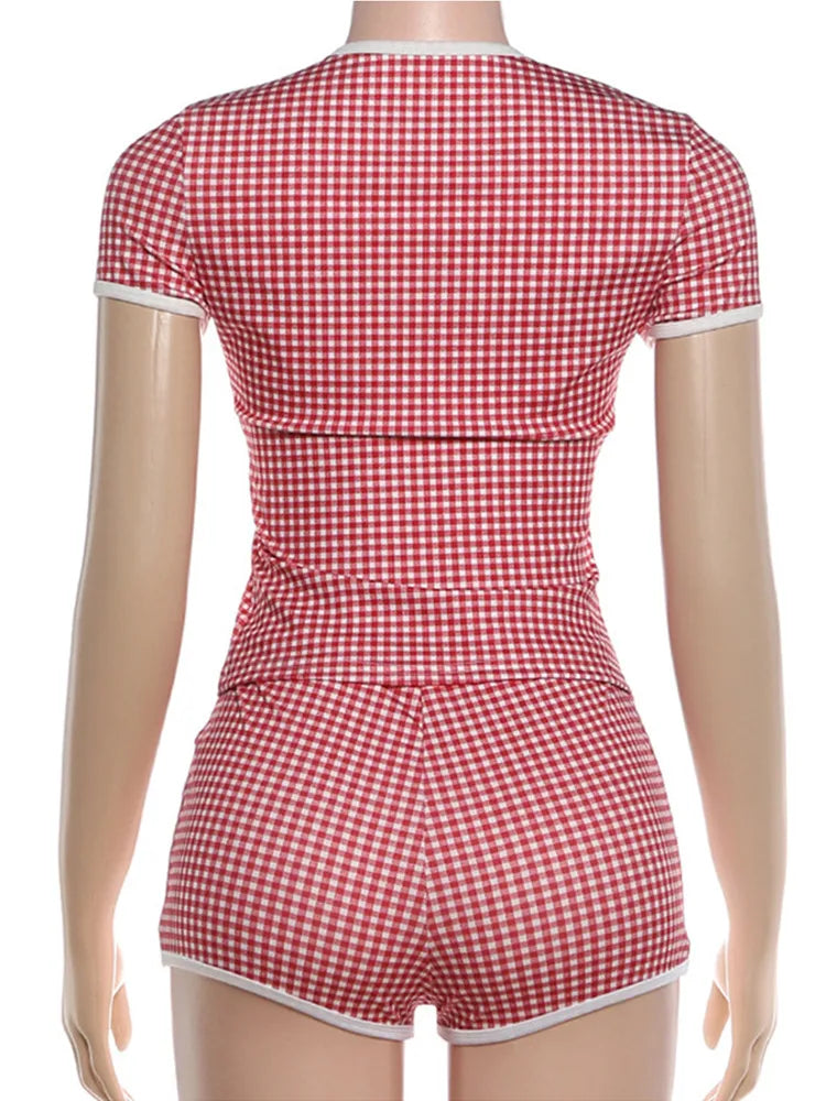 Women's Short Sleeve Crop Plaid Two Piece Set Red – Detail View