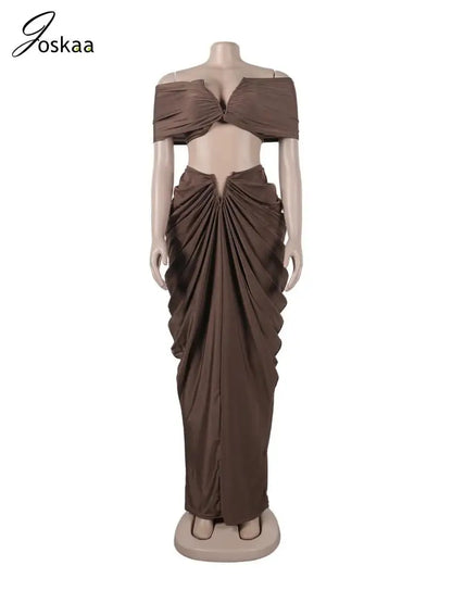 Women's Ruched Maxi Elegant Wrap Chest Two Piece Set Pink – Detail View