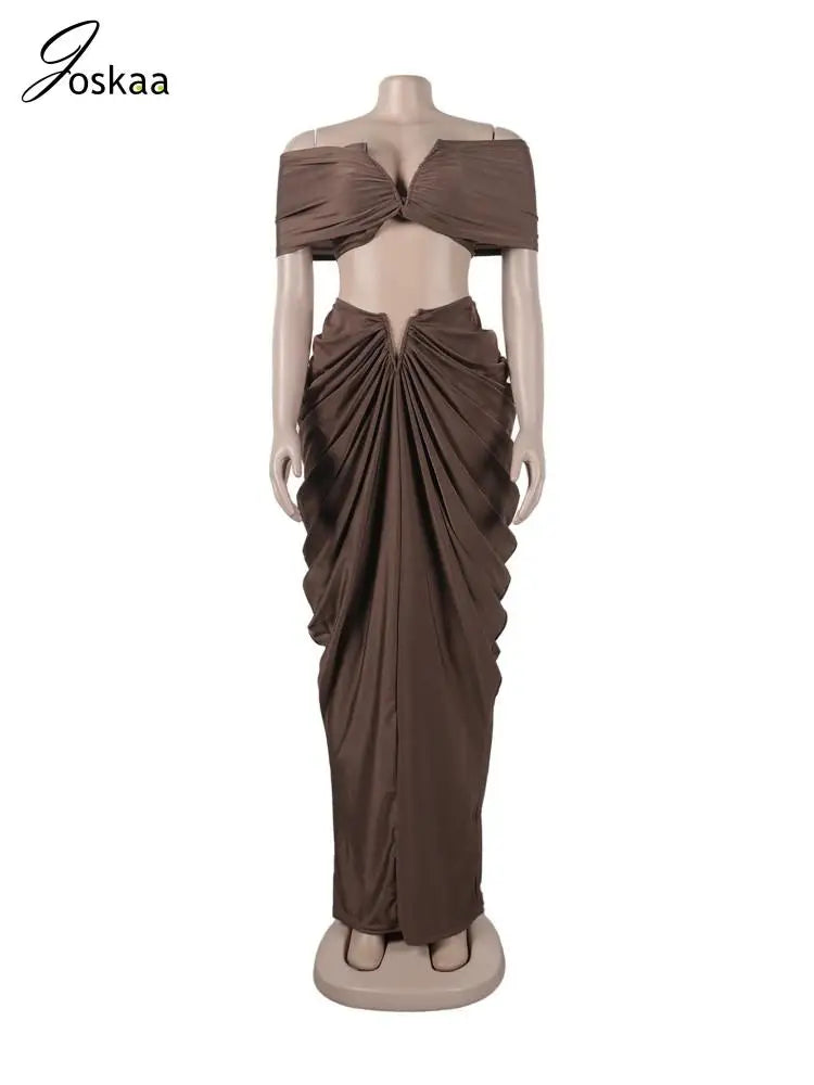 Women's Ruched Maxi Elegant Wrap Chest Two Piece Set Pink – Detail View