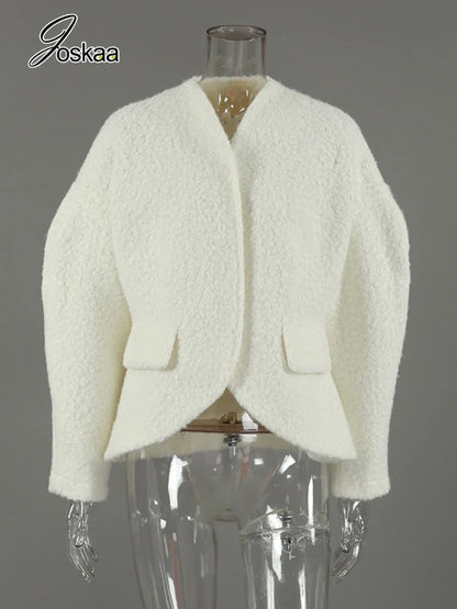 Women's Long Sleeve Fall Thickened Woolen Jacket White – Back View