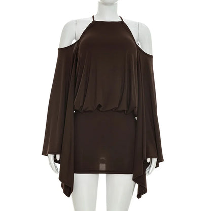 Women's Ruched Backless Halter Long Sleeve Mini Dress