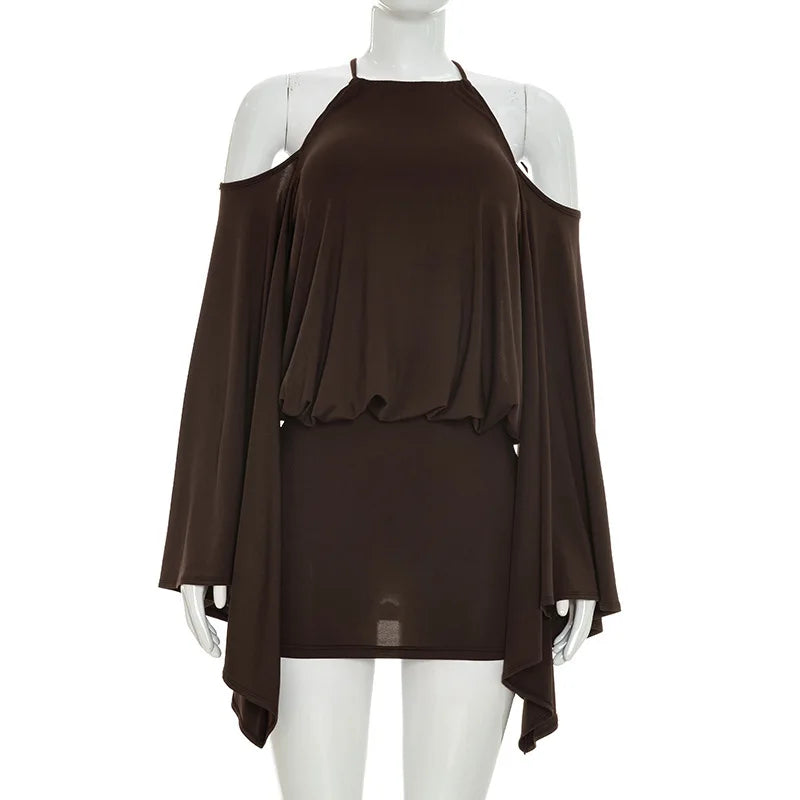 Women's Ruched Backless Halter Long Sleeve Mini Dress