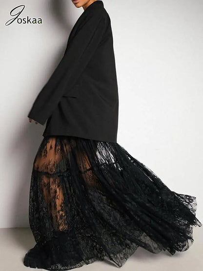 Women's Lace Mesh High Waist Black Long Jacquard Skirt Black – Side View