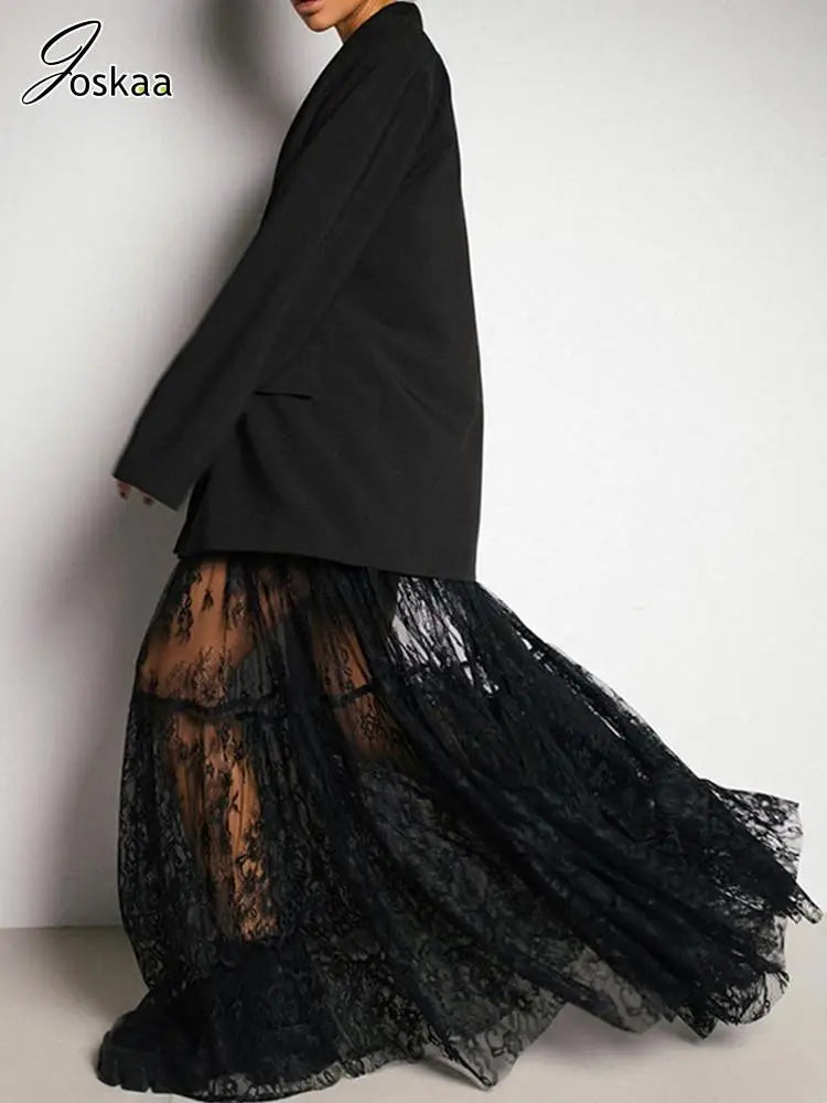 Women's Lace Mesh High Waist Black Long Jacquard Skirt Black – Side View