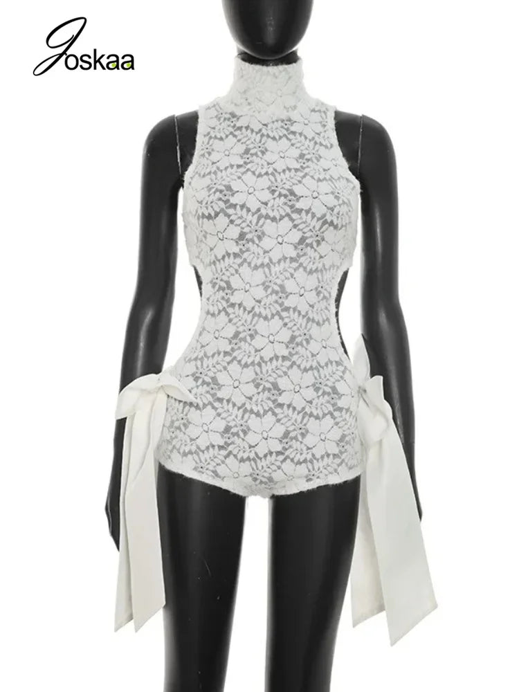 Women's Floral Print Lace Mesh Cutout Romper Black – Back View