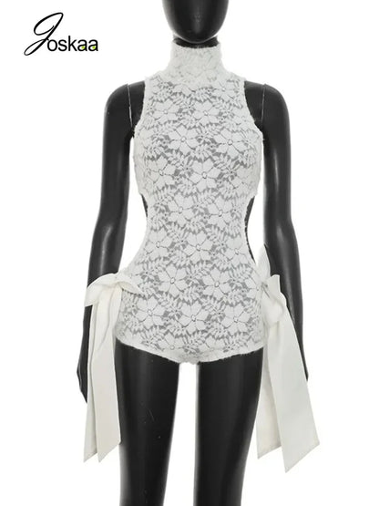 Women's Floral Print Lace Mesh Cutout Romper Black – Back View