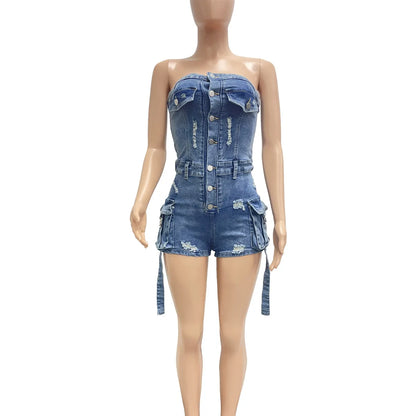 Women's Denim Strapless Bodycon Two Piece Set