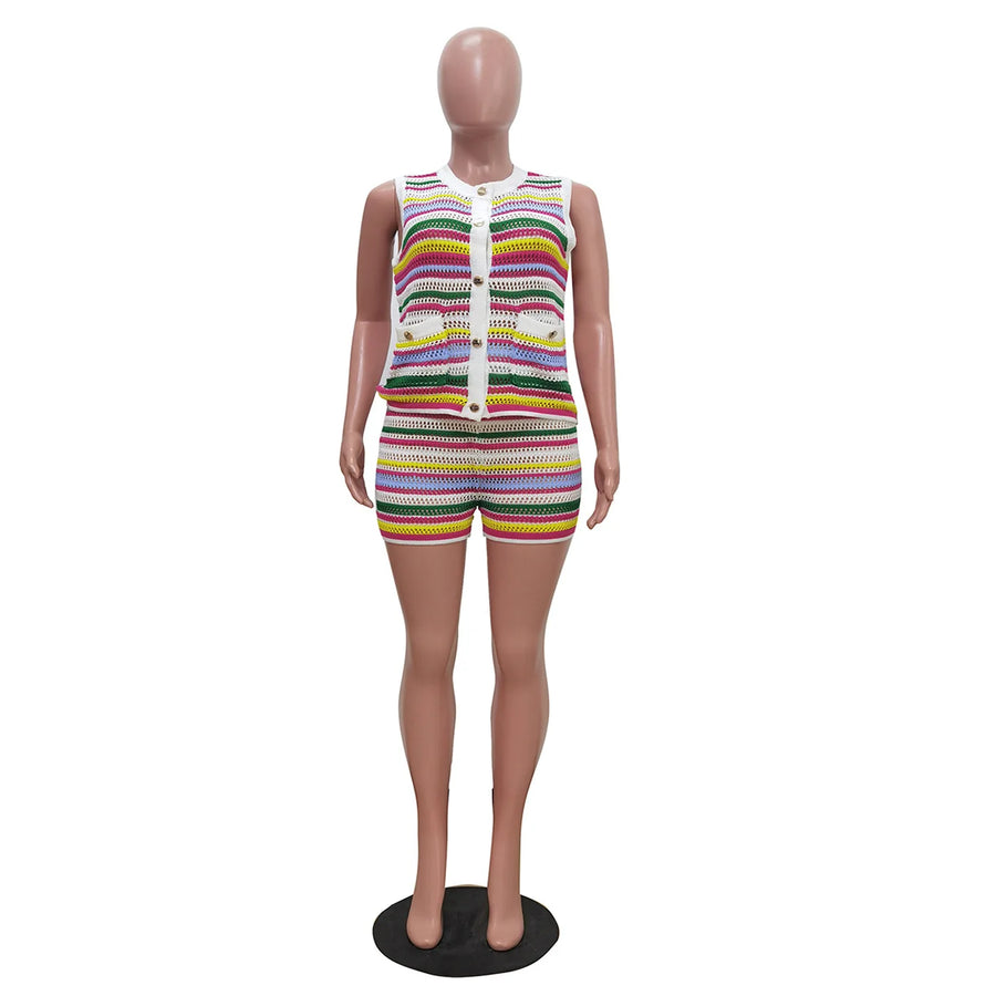 Women's Stripe Knit Sleeveless Two Piece Set