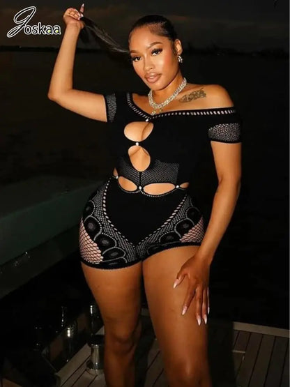 Women's Rhinestone Cutout Short Sleeve Romper Black – Front View