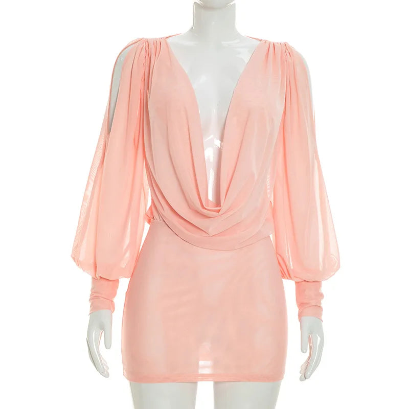 Women's Mesh Backless V-neck Long Sleeve Mini Dress - Additional View 9