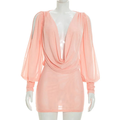 Women's Mesh Backless V-neck Long Sleeve Mini Dress - Additional View 9