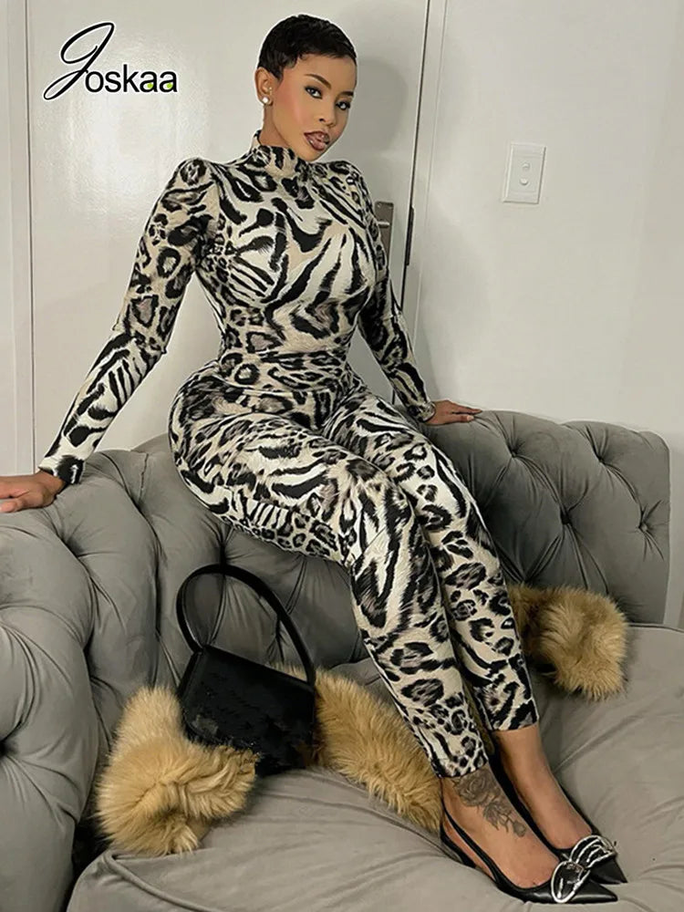 Women's Leopard Print Long Sleeve Bodycon Romper Gray – Front View