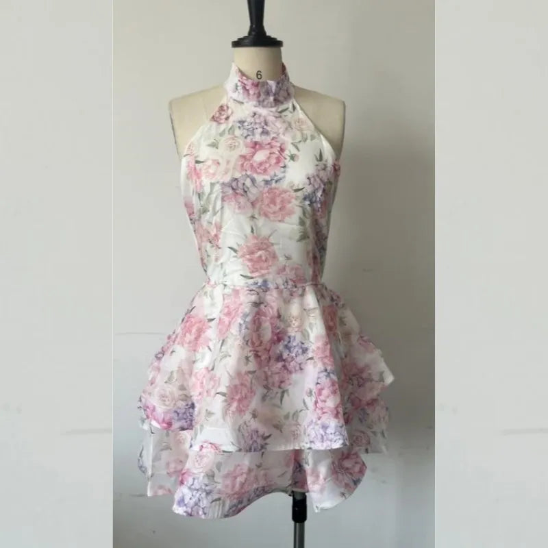 Women's Floral Print Backless Halter Mini Dress