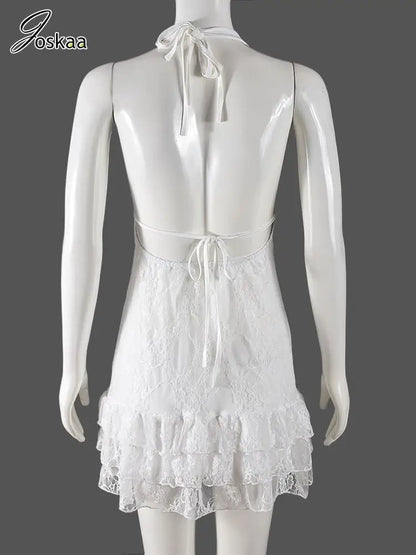 Women's Lace Backless Halter Bodycon Mini Dress White – Detail View