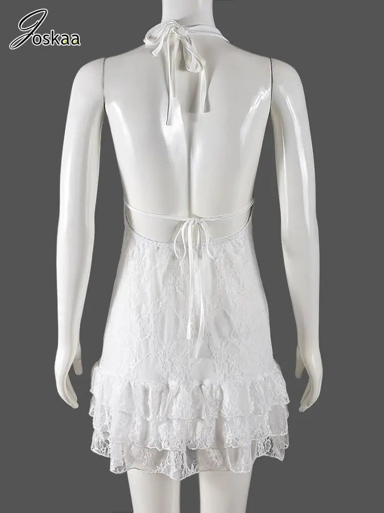 Women's Lace Backless Halter Bodycon Mini Dress White – Detail View