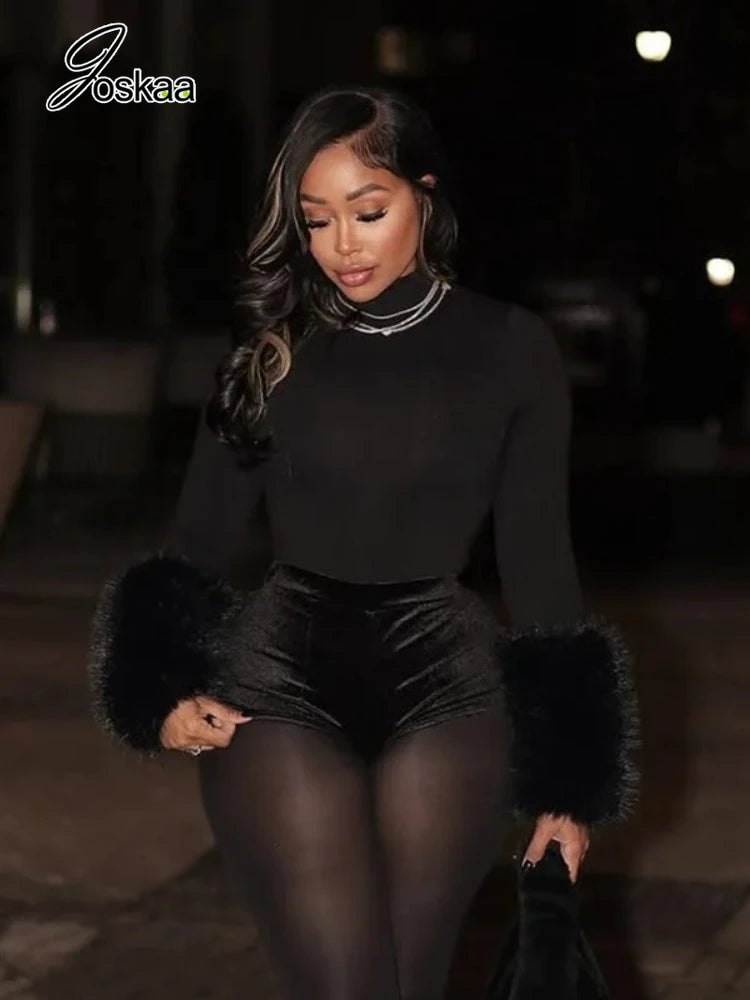 Women's Long Sleeve Bodycon Two Piece Set Black shorts – Front View