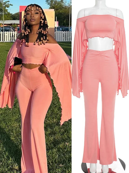 Women's Ruched Long Sleeve High Waist Wide Leg Two Piece Set - Additional View 8