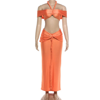 Joskaa Ruched Halter Crop Maxi Two Piece Set - two piece set image 5