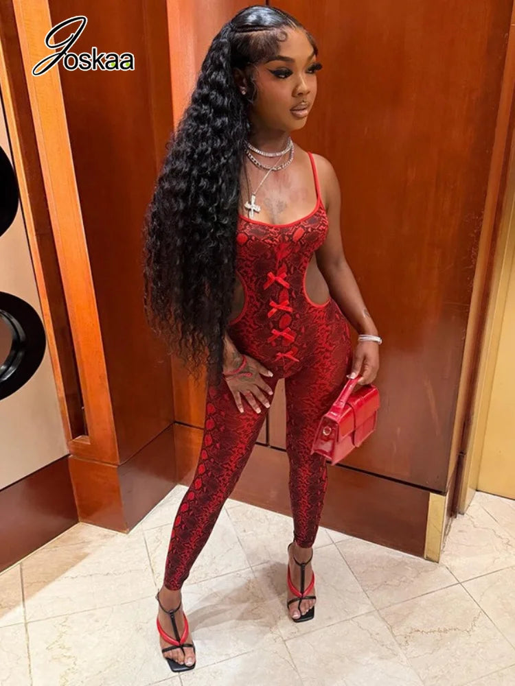 Women's Snake Print Backless Cutout Romper Red – Side View