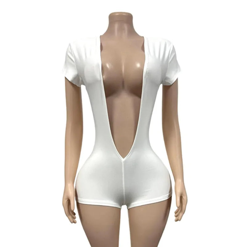 Women's Short Sleeve V-neck Bodycon Romper - Detail View 6