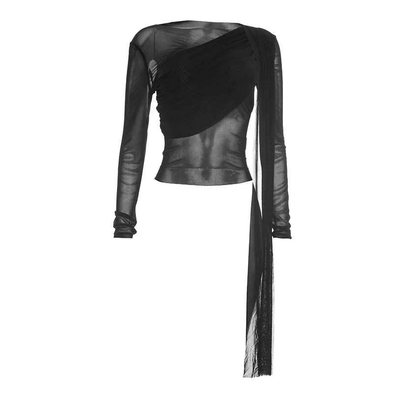 Women's Mesh Ruched Long Sleeve Bodycon Top - Additional View 7