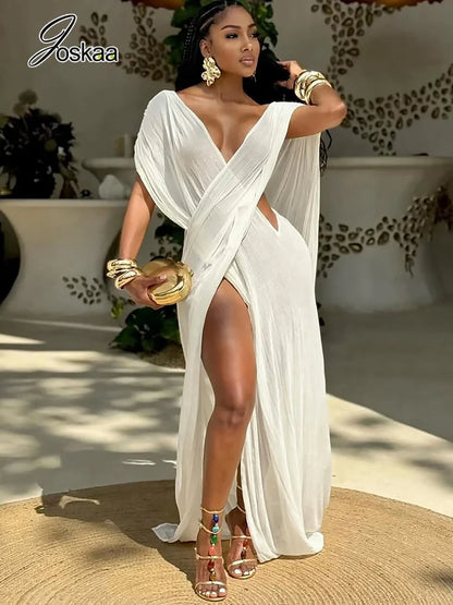 Women's Mesh Sheer Deep V-neck Maxi Dress Creamy White – Side View